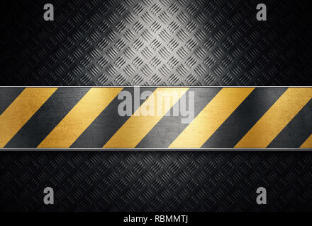 Old black grungy diamond metal plate surface with caution plate in center. Yellow warning chevron tape. Building, construction 3d rendering background Stock Photo