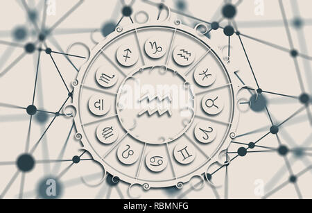 Astrological symbols in the circle. Molecule And Communication Background. Connected lines with dots. White circle with shadows. Shallow depth of fiel Stock Photo