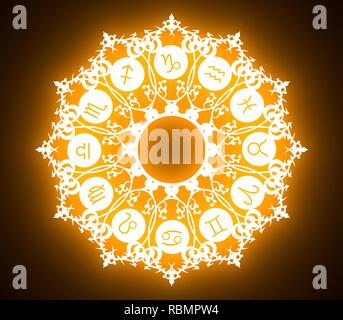 Astrological symbols in the circle. Decorative ornanet. 3D rendering. Neon bulb illumination Stock Photo