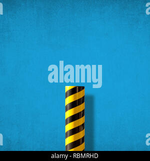 Road caution sign with diagonal yellow and black stripes against blue distressed wall. Abstract colorful minimalist picture Stock Photo
