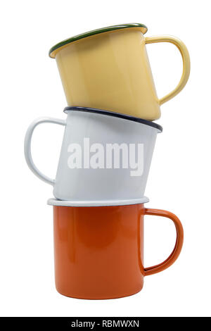 Stack of many colours tin cup isolate on white background with clipping path. Stock Photo