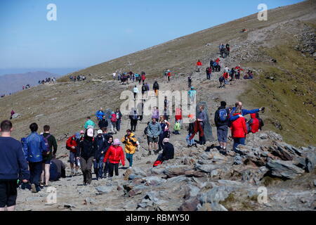 Hikers near the summit of Snowdon Mountain in North Wales. Stock Photo