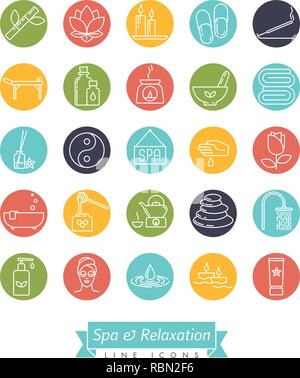 Spa, aromatherapy and herbal medicine round vector line icon collection. Set of 25 symbols. Stock Vector