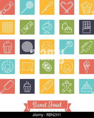 Sweet food line icon vector collection with sweets, candy, chocolates and cakes in color squares Stock Vector