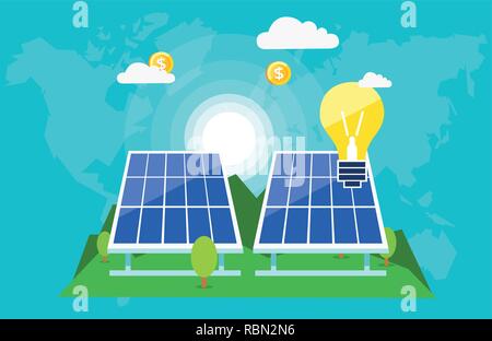 Creative graphic design of solar batteries with burning lamps and flying dollar coins showing innovative green world Stock Vector