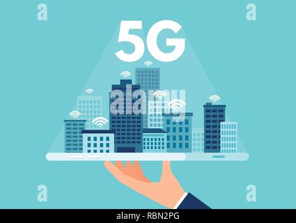 Vector of 5g network logo over the smart city with icons of town infrastructure skyscrapers. High speed, broadband telecommunication wireless internet Stock Vector
