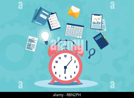Time management planning, organization and working overtime concept. Flat vector illustration. Stock Vector