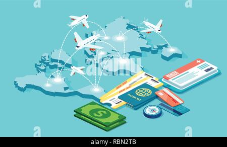 Travel, tourism plane ticket booking and travelers insurance concept. Business flights worldwide. Isometric vector Stock Vector
