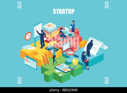 Isometric vector of startup employees working as well organized team. Cooperation business goal thinking, infographic in a form of puzzle. Concept for Stock Vector