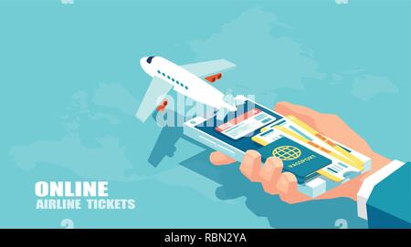 Booking airline tickets and traveler insurance online concept. Vector of travel, business flights worldwide. Boarding pass Stock Vector