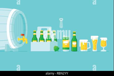 Vector of different type of beer glass, bottle and can types. Craft beer design and minimal flat design. Stock Vector