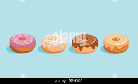 Donut vector set isolated on a blue background. Donuts collection with sugar icing with white and  dark chocolate, strawberry and caramel Stock Vector