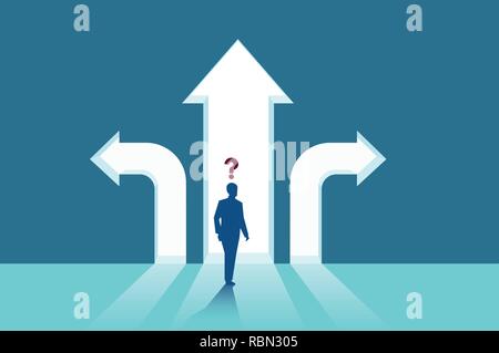 Business decisions concept. Vector of a perplexed businessman with question mark standing in front of arrows crossroads making a right choice. Career  Stock Vector