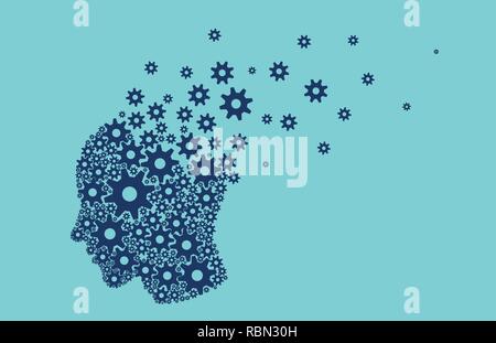 Alzheimer memory loss due to dementia concept. Vector of a human head brain breaking into small pieces gear mechanisms Stock Vector