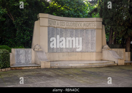 NICE, FRANCE: MAY 26, 2018: WW1 memorial in Riquier area.  Also includes memorial to WW2 and civilian dead from air raid on 26/5/1944 in WW2 Stock Photo