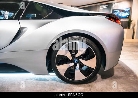 Minsk, Belarus - May 26, 2018: Closeup car wheel BMW i8 electric sports car in BMW Welt World with logo and brand design Stock Photo