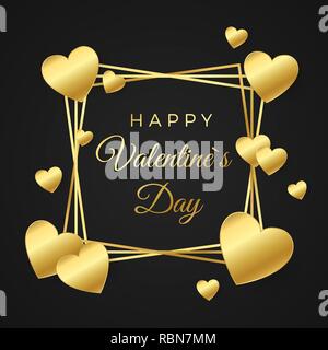 Happy Valentines day greeting card. Gold heart and frame with text on white background. Concept for Valentines banner. Vector illustration isolated on Stock Vector