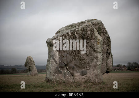 The Longstones, also known as Adam and Eve, which are the remainders of a Neolithic cove and stone avenue to the South West of Avebury in Wiltshire Stock Photo