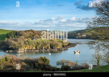 South Pool Creek from Kingsbridge Estuary with South Pool village in the distance. Salcombe, Devon. UK Stock Photo