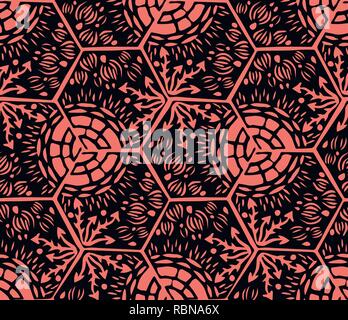 Underwater world. Hexagonal tiles. Seamless pattern. Black and coral colors Stock Vector