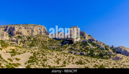 The 'Rocher de Goudes', 'Les Lames'  and the 'Rocher de Saint-Michel d’Eau Douce' in the Calanques National Park of Marseille, France Stock Photo