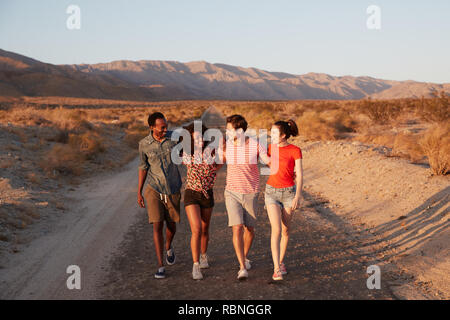 Four young adult friends talking as they walk in the desert Stock Photo