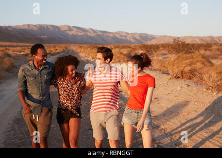 Four young adult friends walking on a desert road, close up Stock Photo