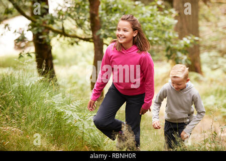 Two children walking through a forest amongst greenery, front view Stock Photo