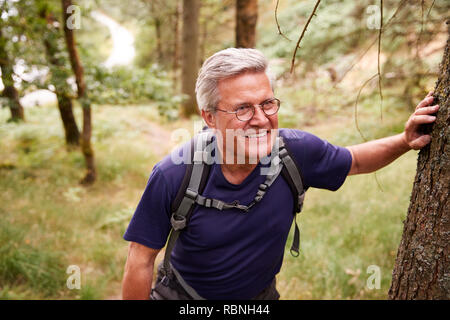 Middle aged Caucasian man taking a break during a hike, leaning on a tree in a forest, waist up Stock Photo