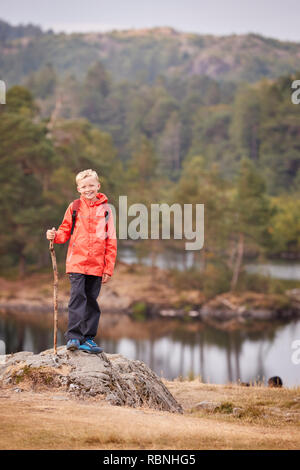 A boy standing on a rock by a lake holding a stick, smiling to camera, Lake District, UK, vertical Stock Photo