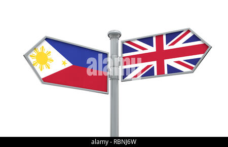 Philippines and United Kingdom guidepost. Moving in different directions. 3D Rendering Stock Photo