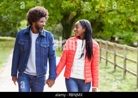 Black adult couple,boyfriend,girlfriend walk holding hands in the countryside,close up Stock Photo