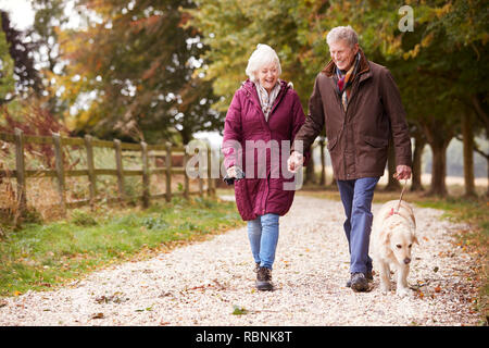 Active Senior Couple On Autumn Walk With Dog On Path Through Countryside Stock Photo