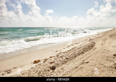 Ocean Waves Breaking On Empty Sandy Spanish Beach Stock Photo