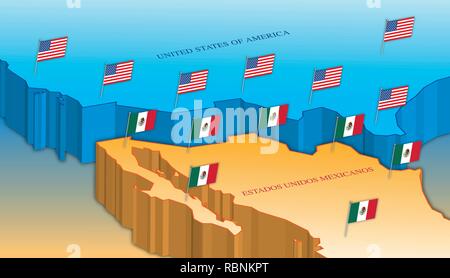 Usa and Mexico border map with national flags, vector illustration Stock Vector