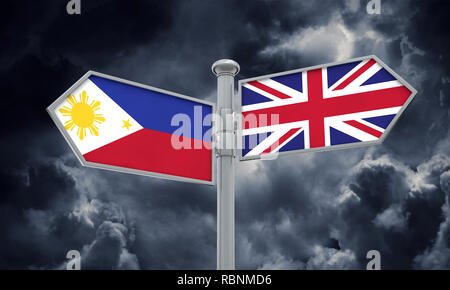 Philippines and United Kingdom guidepost. Moving in different directions. 3D Rendering Stock Photo