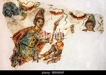 Hama Museum, fragment of a mural painting from miteram in Hawarte 4 AD, representing Mithra and Helios. Syria, Middle East Stock Photo