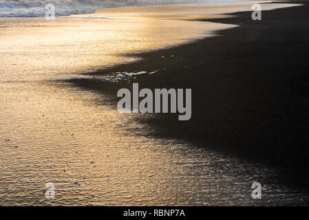 golden surge waves on black beach in Iceland in sunset mood Stock Photo