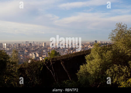 Morning panorama of Barcelona taken from Park Güell - rooftops, historical buildings, beautiful sunny weather Stock Photo