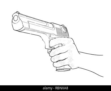 Gun in hand - hand drawn vector, isolated on white Stock Vector