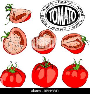 Tomato. A whole tomato and slices. A set of vegetables. Flat graphic design elements. Vector illustration isolated on white background. Great for labe Stock Vector