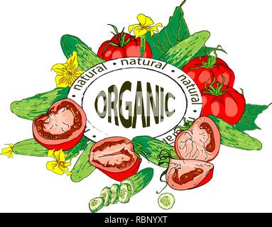 Cucumber, tomato. A whole cucumber, tomato and slices. A set of vegetables. Flat graphic design elements. Vector illustration isolated on white backgr Stock Vector