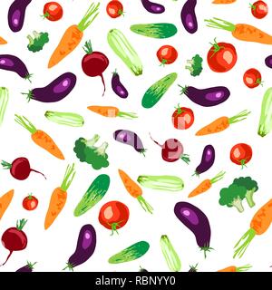 Seamless pattern with vegetables on a white background. Vegetables, beets, cucumber, tomato, eggplant, zucchini, cabbage, carrots for a healthy diet.  Stock Vector