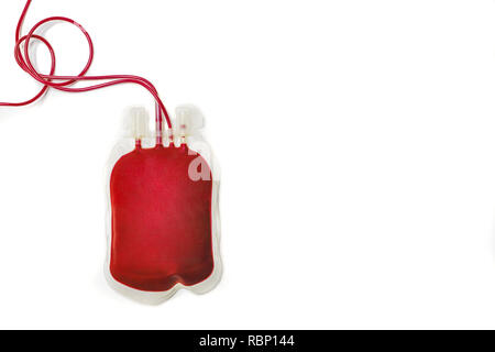 A plastic blood bag filled with fresh red human blood, isolated on white background. Blood donation, transfusion. Top view image with copy space. Stock Photo
