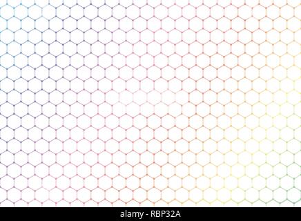 Abstract colorful hexagons seamless pattern on white background and texture. Hexagonal lines net with dots in the cross points. Vector illustration Stock Vector