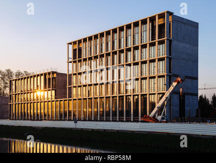 STRASBOURG, FRANCE - APR 21, 2017: Turkish Embassy in Strasbourg construction at sunset with sun reflected in window  Stock Photo