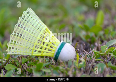 A yellow and green badminton shuttlecock (birdie) on a green grass background. Stock Photo