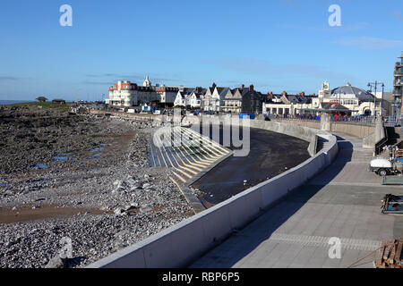 The town of Porthcawl with its new sea defences being built for protection against the Atlantic sea waves battering the towns defences. Stock Photo