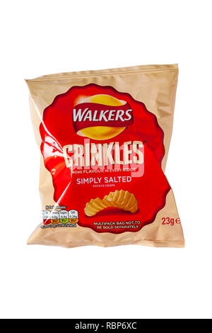 Packet of Walkers Crinkles simply salted potato crisps, more flavour in every ridge isolated on white background Stock Photo