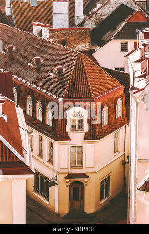 Tallinn Old Town building tiled roofs traditional architecture aerial view touristic central popular landmarks cityscape in Estonia Europe city travel Stock Photo